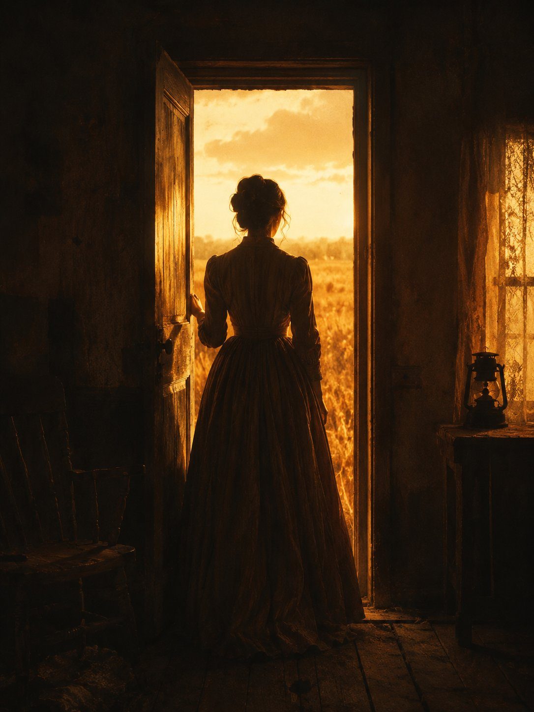 A woman silhouetted in a doorway at golden hour